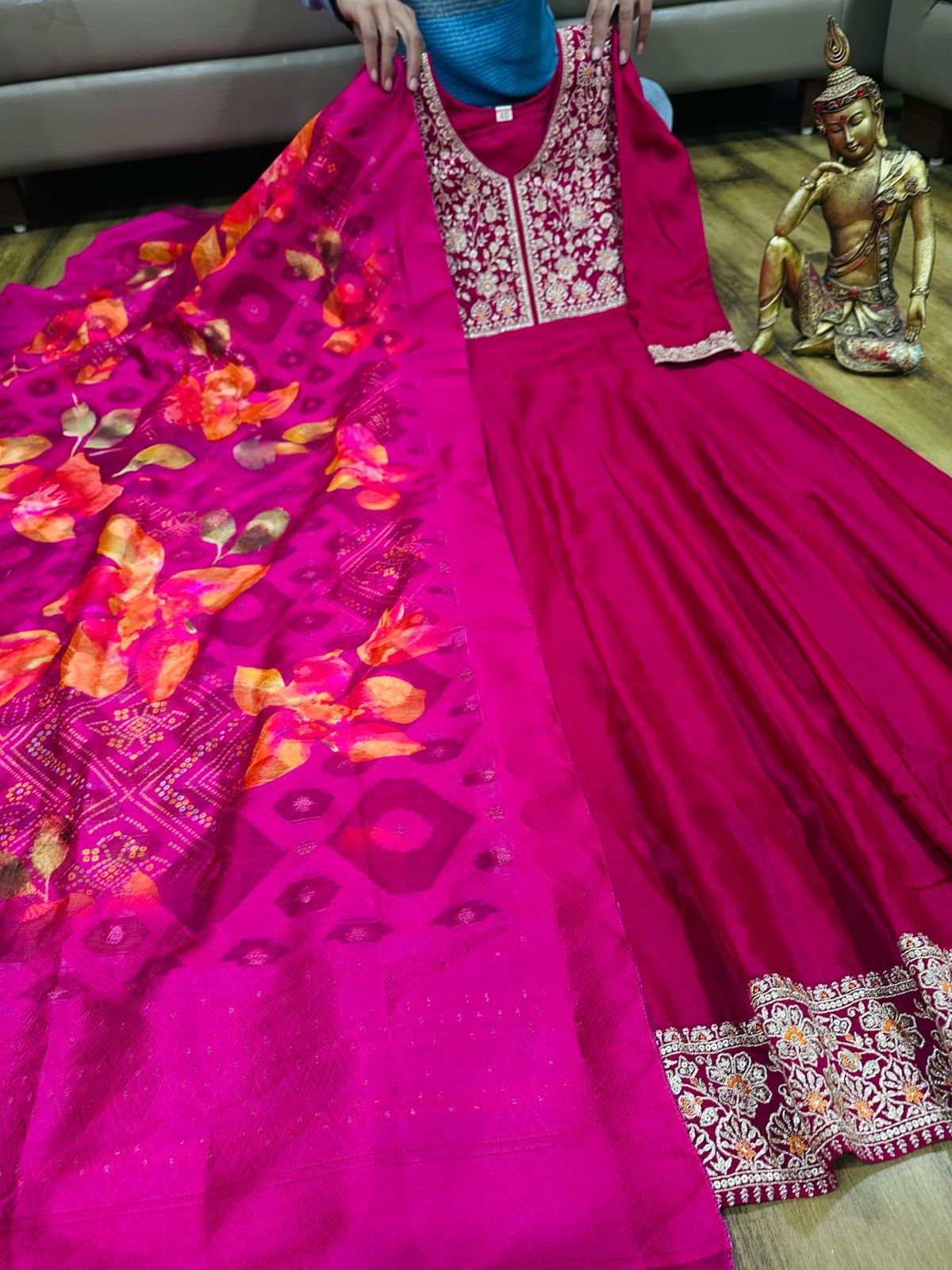 Vichitra Silk Anarkali Gown in Stunning Deep Pink