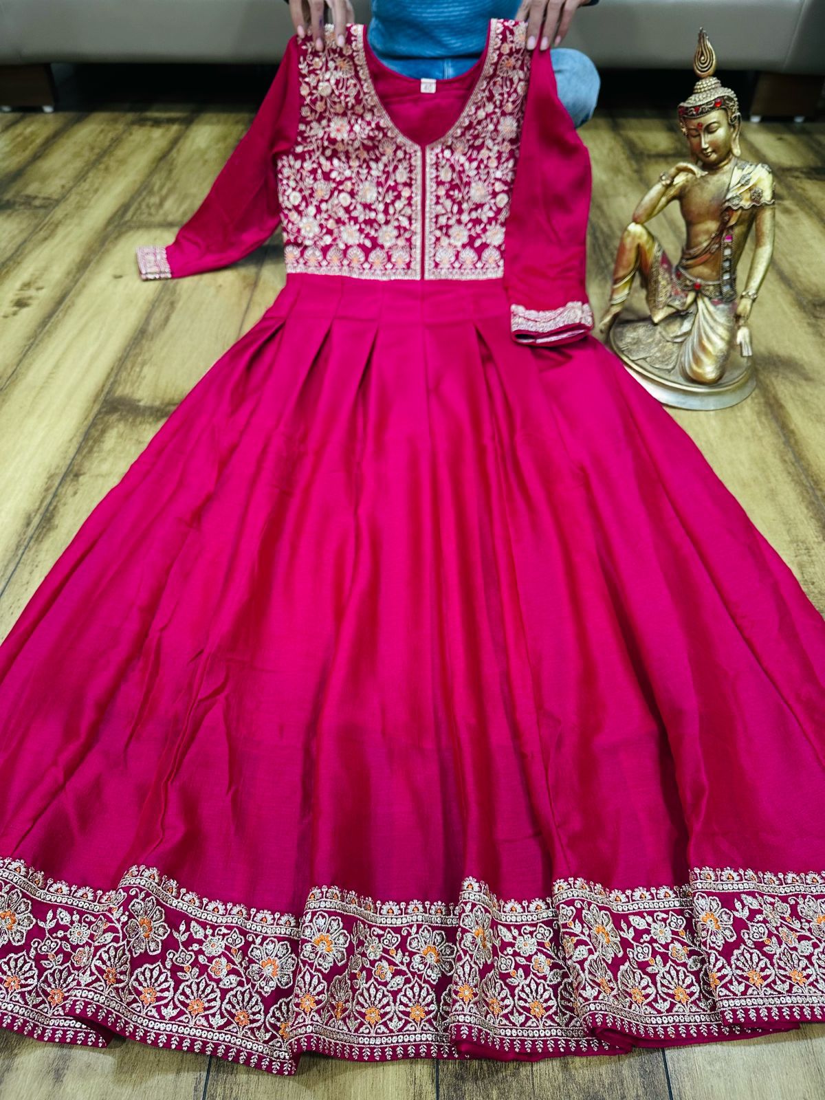 Vichitra Silk Anarkali Gown in Stunning Deep Pink